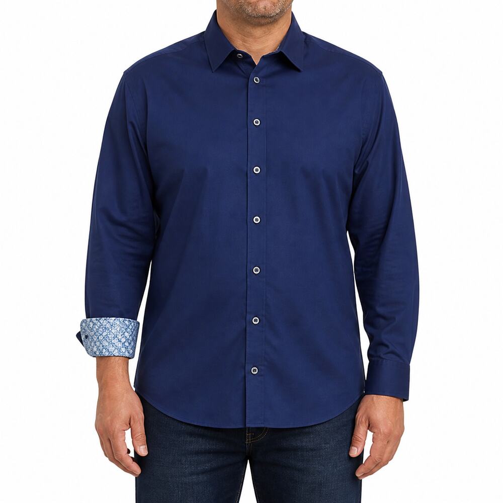 Robert Graham Shirt Mens 2XL Blue Button Up Jacquard Contrast Cuff Dressy Cotton